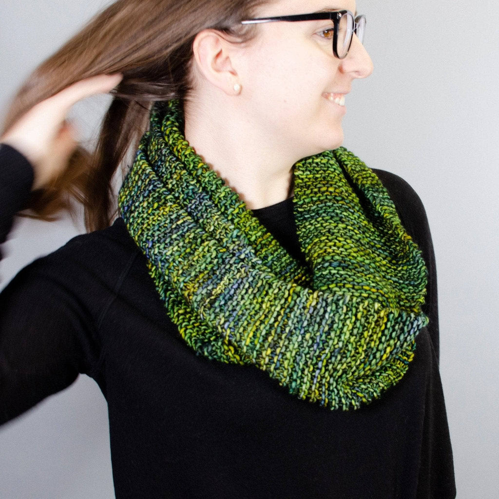 Close up of Green Goddess Infinity Scarf knitted with premium soft yarn