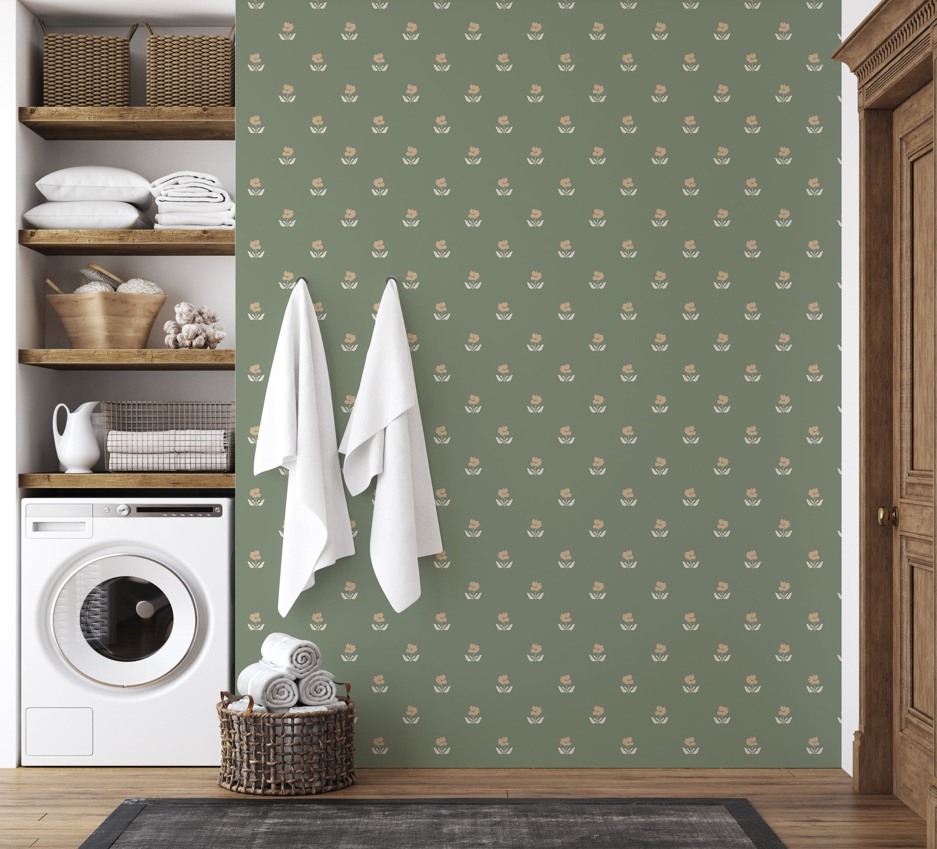 Sage Green and Muted Gold Floral Removable Wallpaper