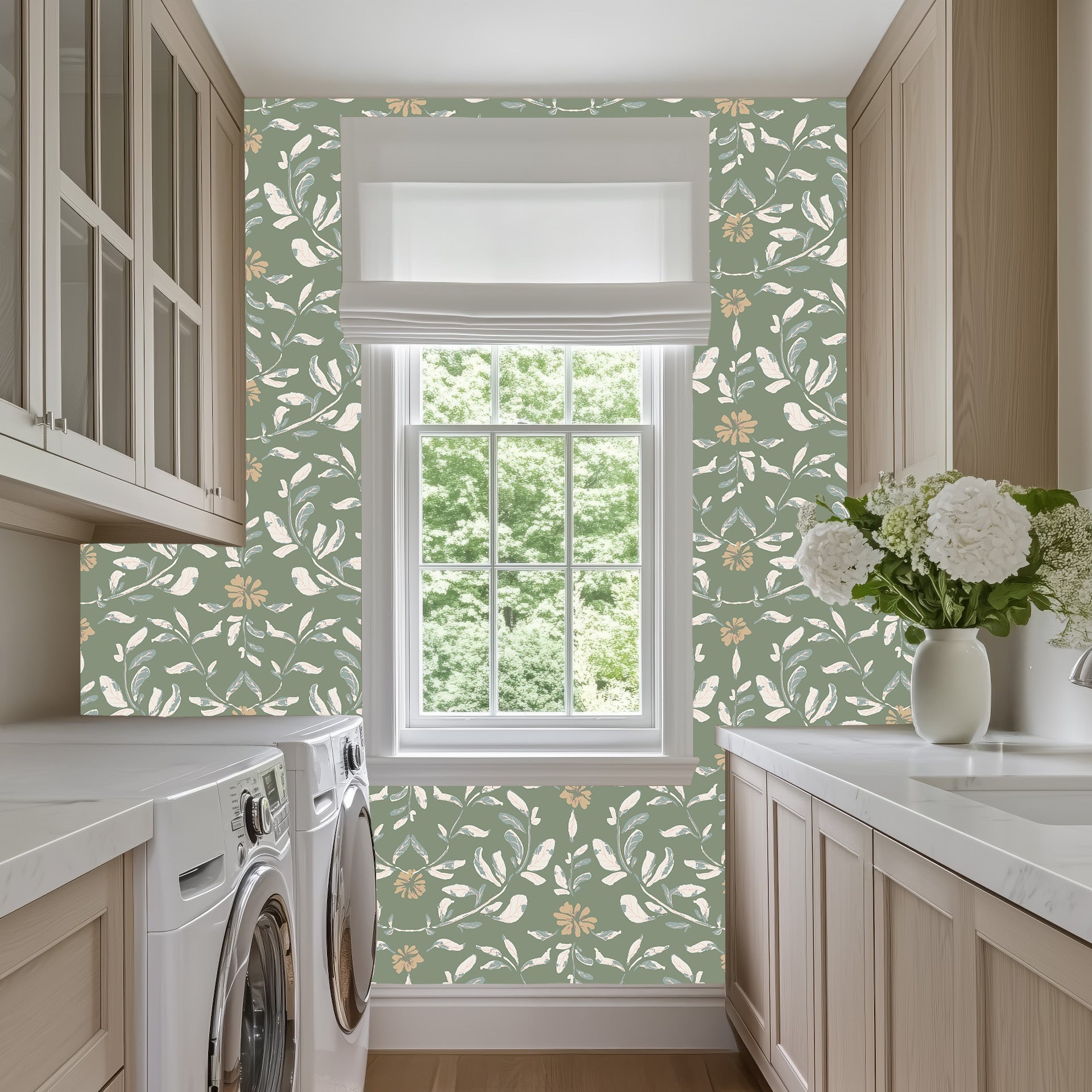 Botanical floral wallpaper in green, cream, and taupe shades.
