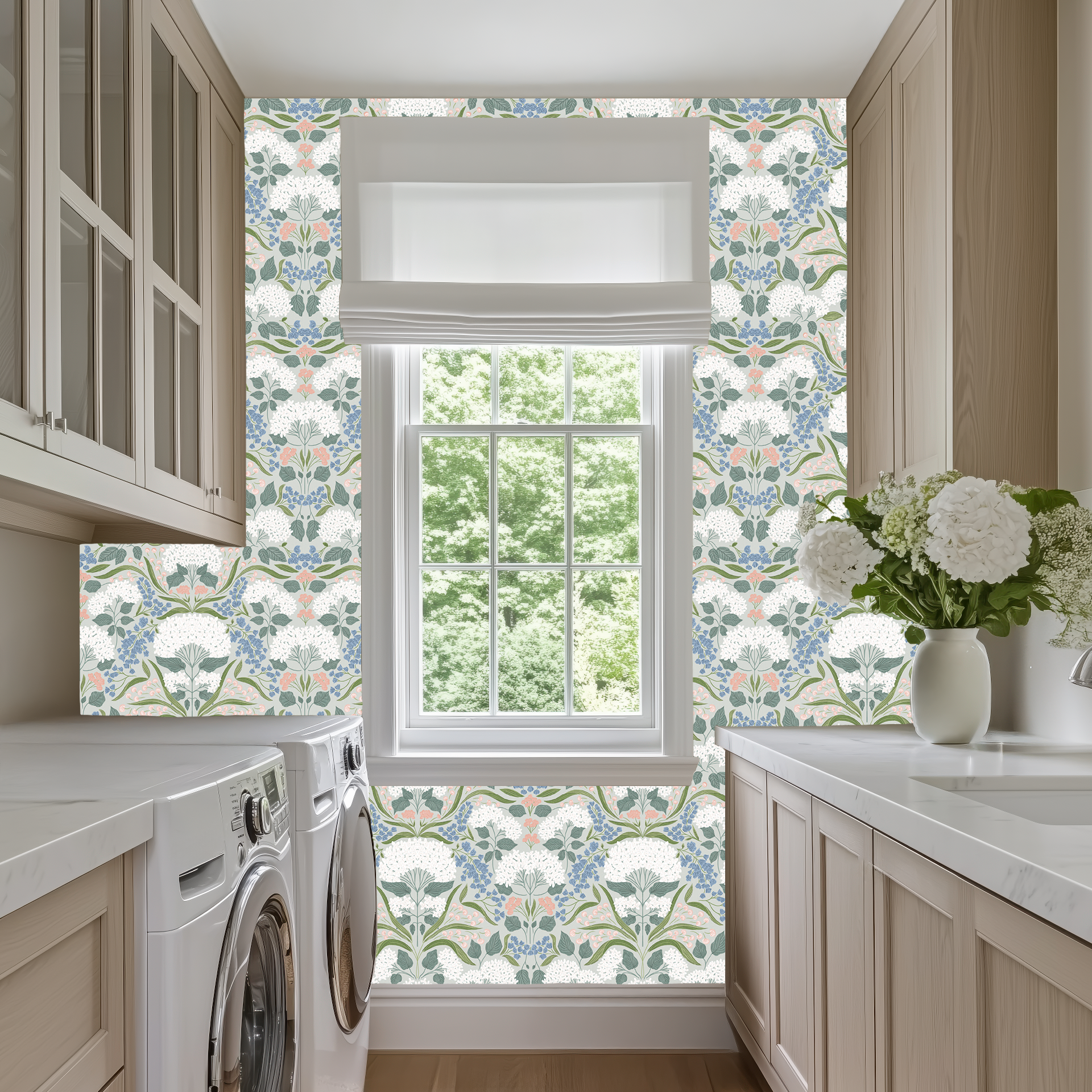 Catherine Floral Wallpaper in White, Blue, Green and Pink