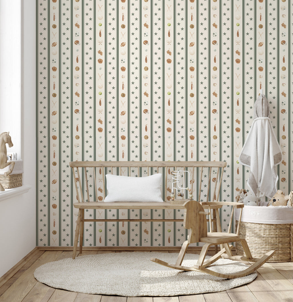 Lawson Striped Wallpaper in Cream, Blue and Brown for Nursery