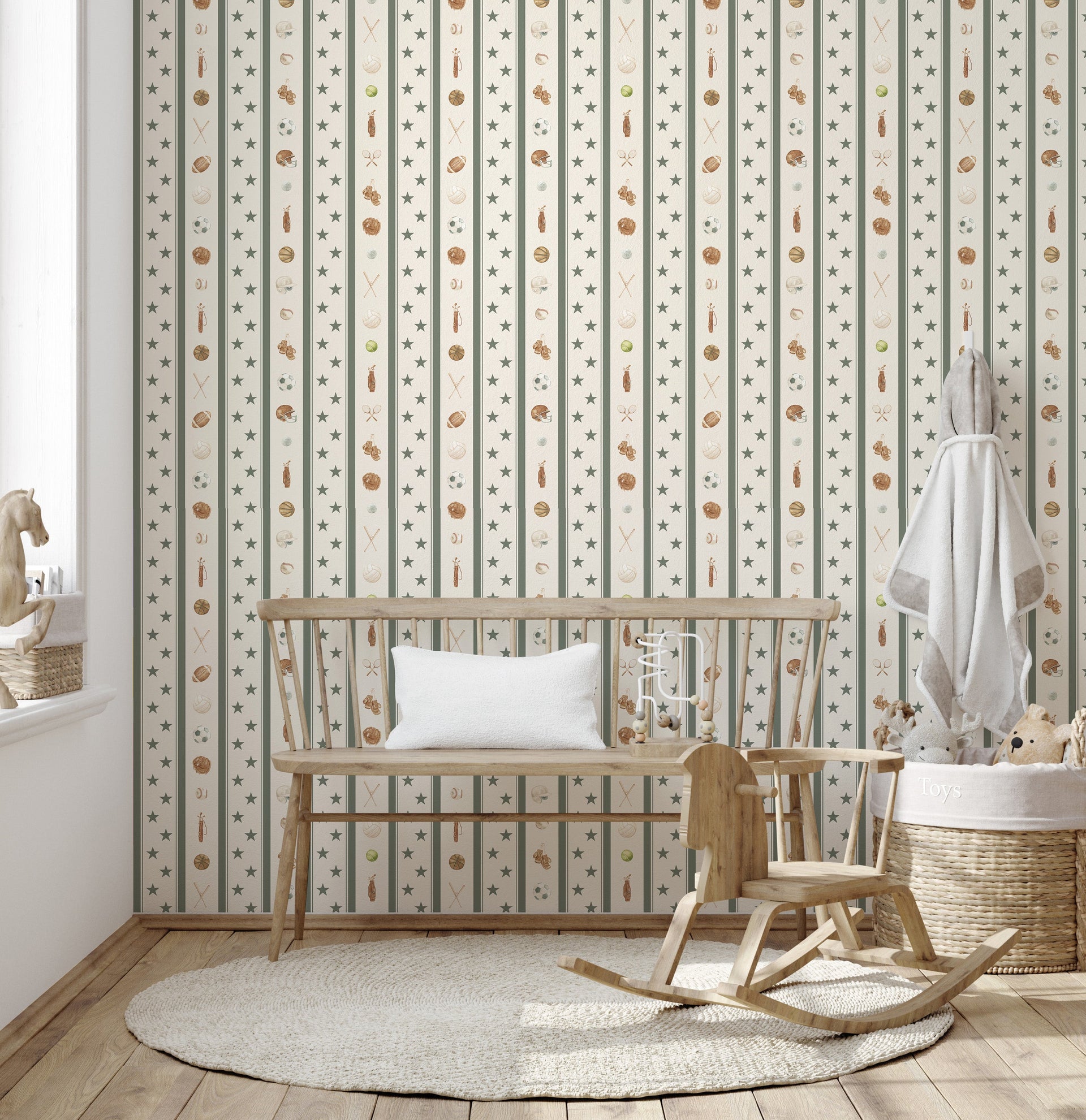 Lawson Striped Wallpaper in Cream, Blue and Brown for Nursery