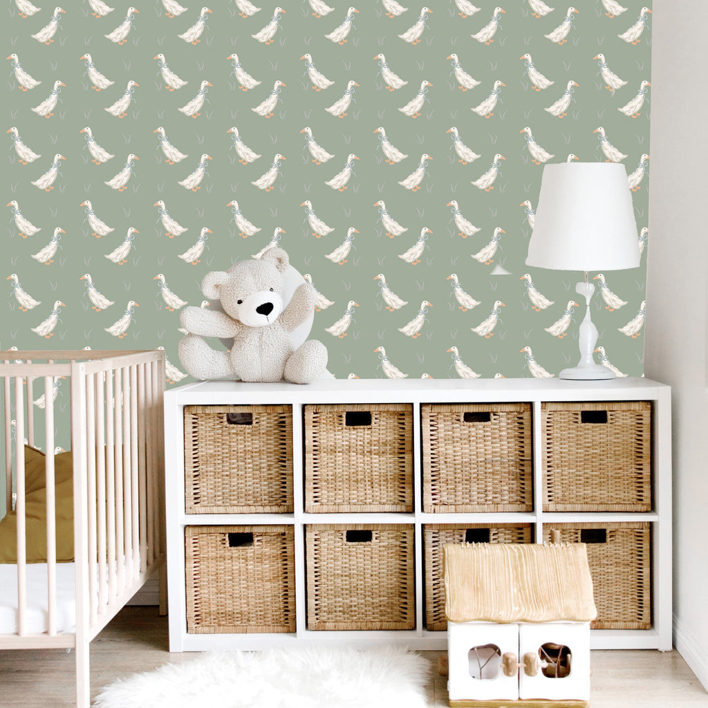 Gable wallpaper with whimsical sage green and white pattern on a nursery wall