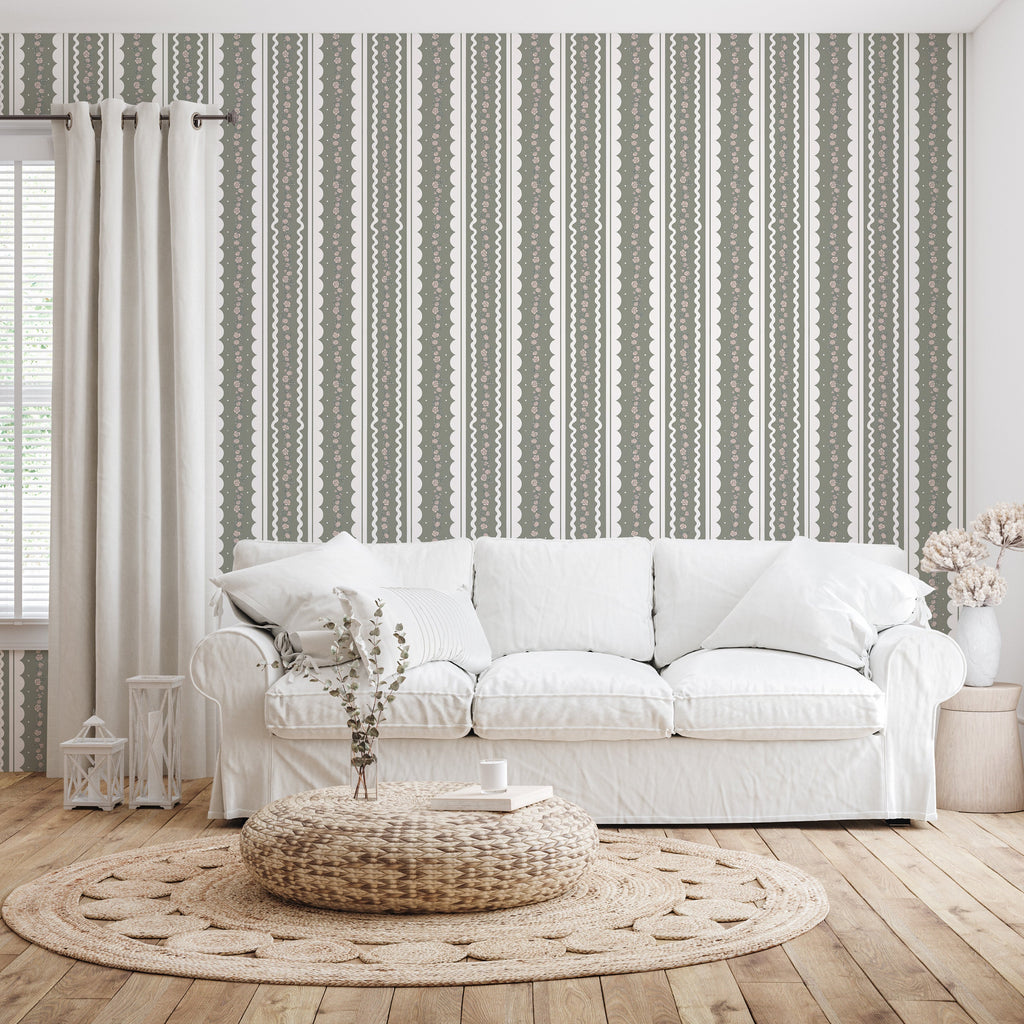 Solana Striped Wallpaper in Blue, Beige, Sage-Green, and White