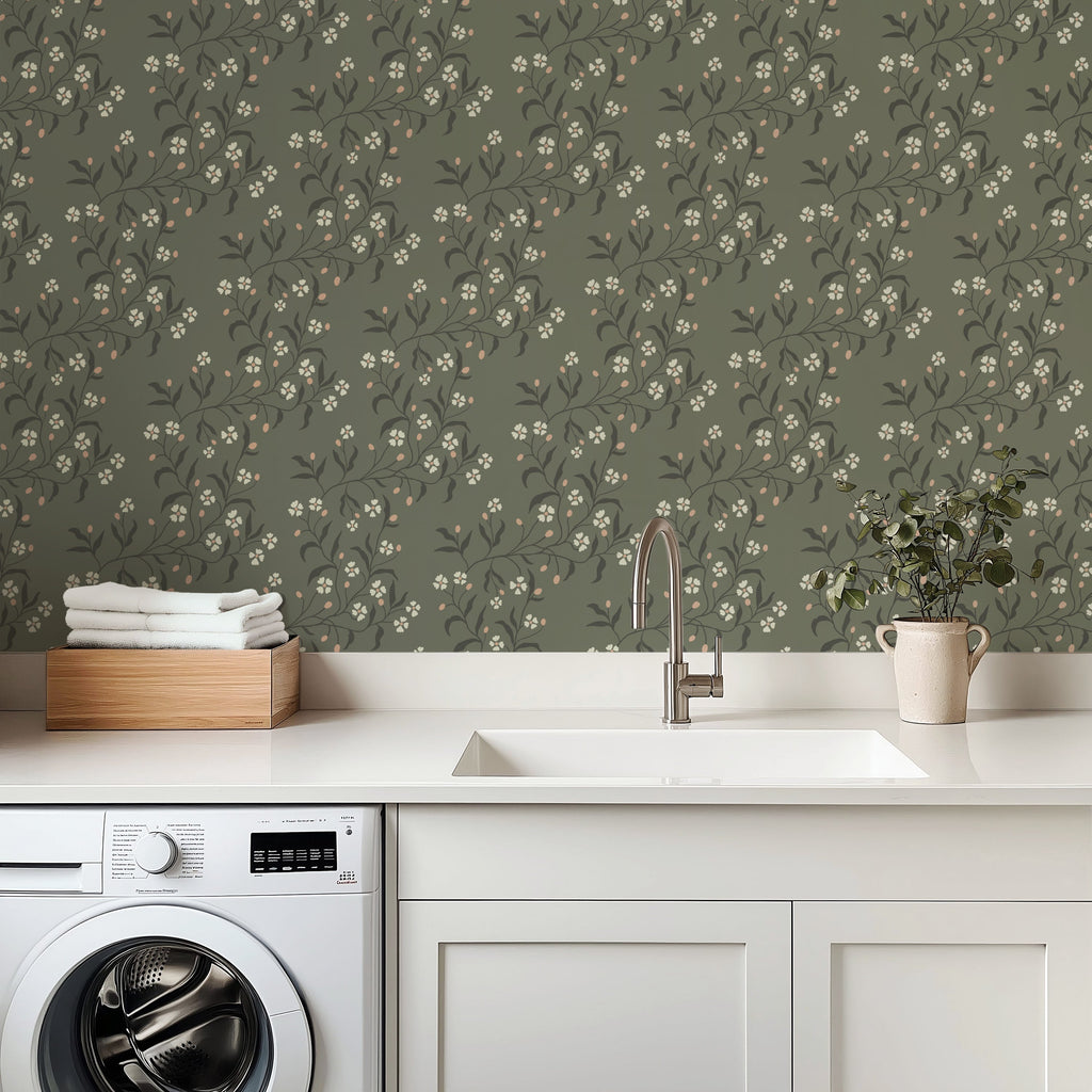 Rainey Floral Botanical Wallpaper in Sage Green and Dusty Pink