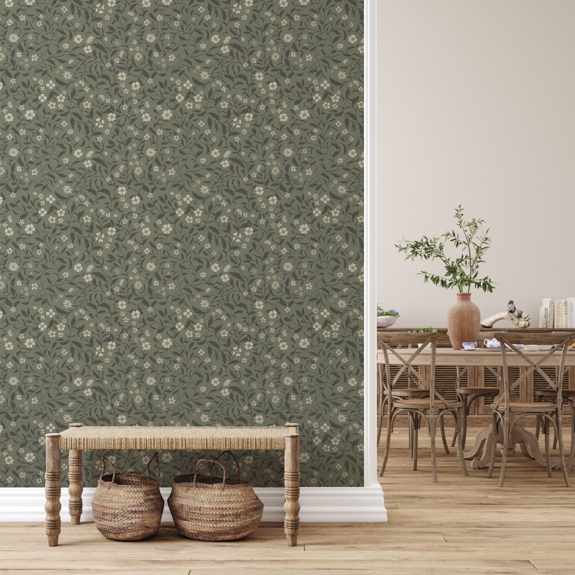 Vallie Floral Wallpaper - Sage Green, Off-White & Beige