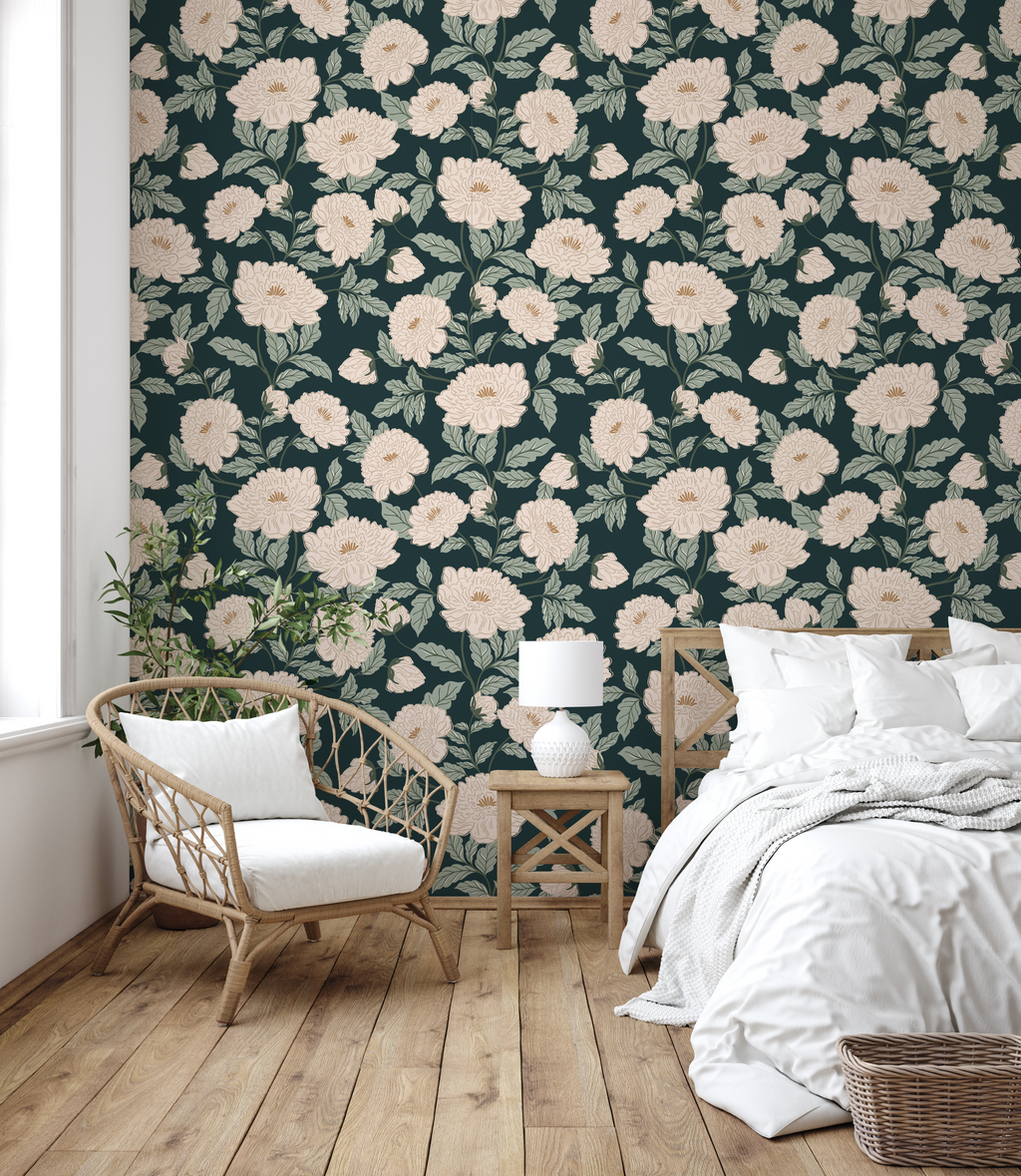 Riley Floral Removable Wallpaper in Cream and Muted Sage Green