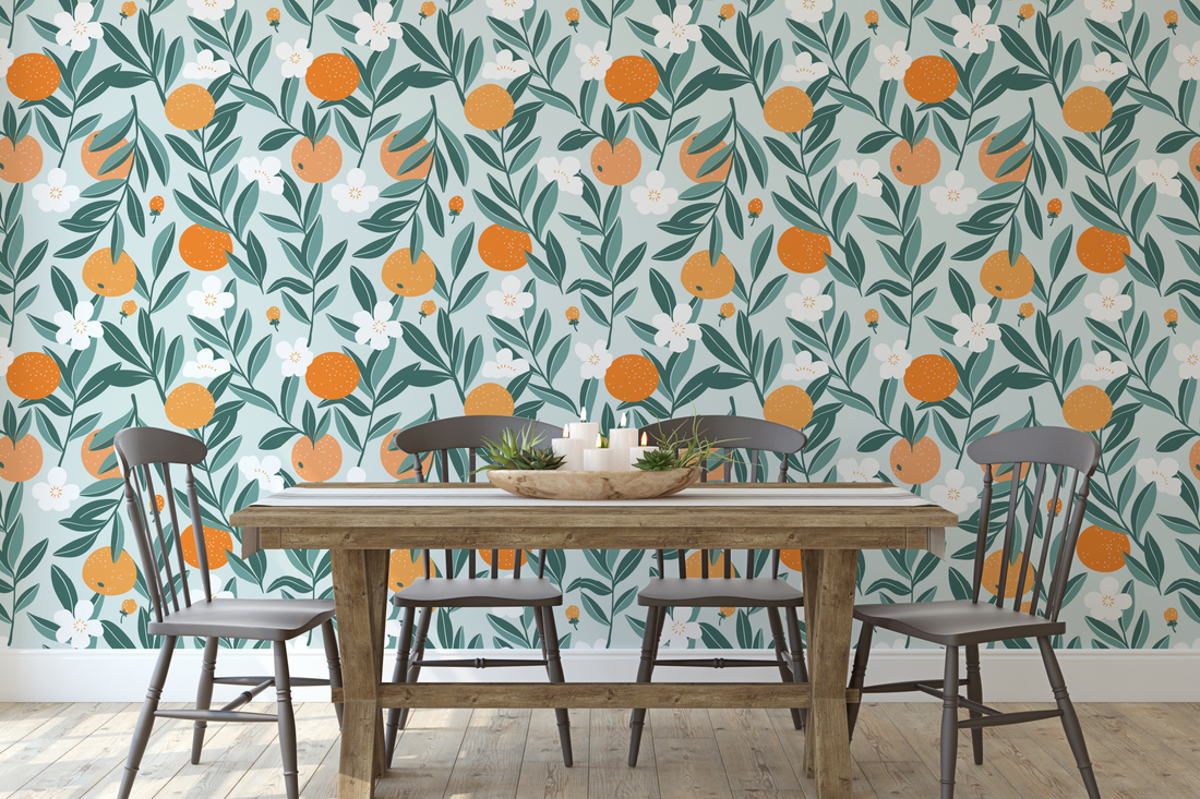 Talia Floral Removable Wallpaper in Orange, Green, and Cream