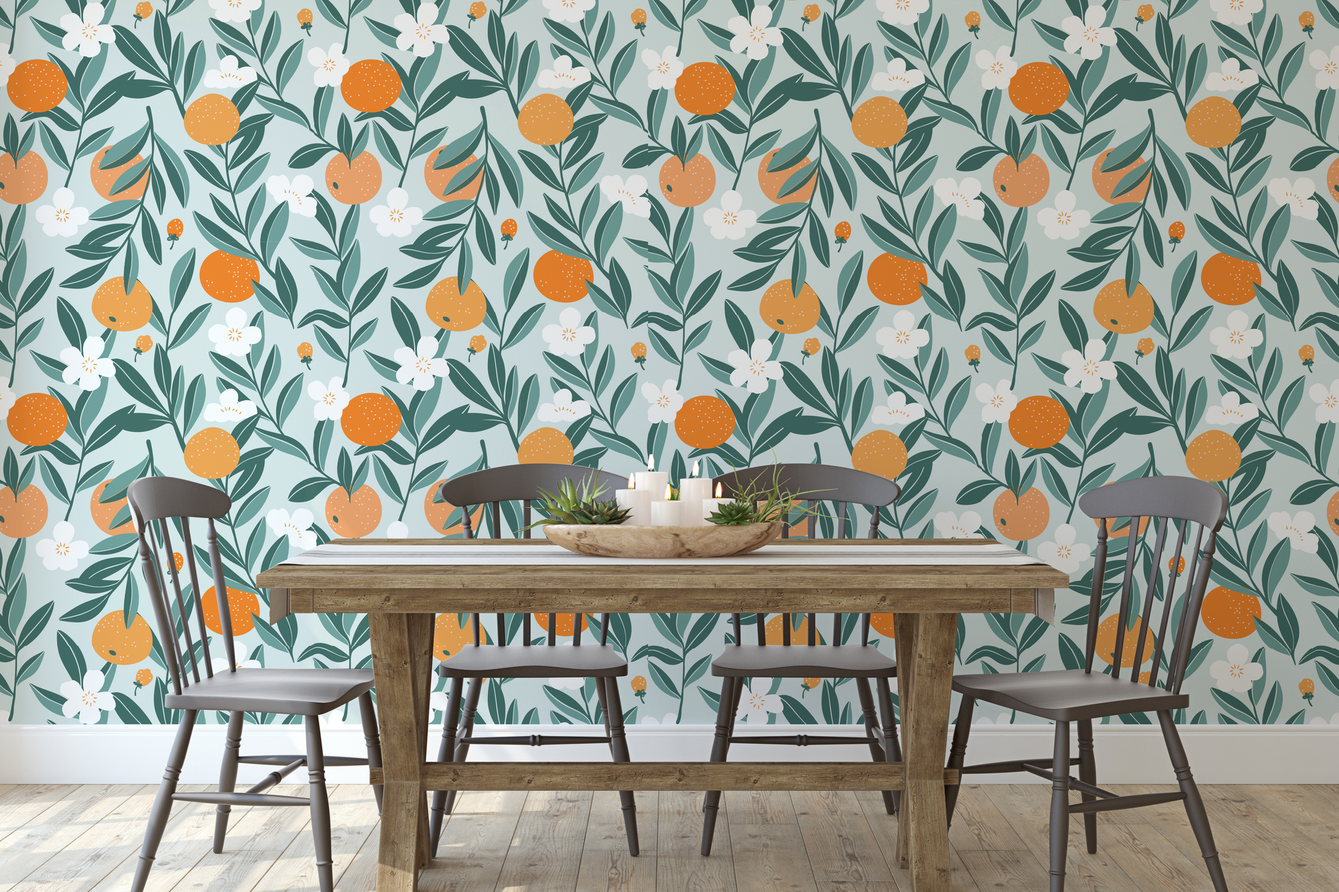 Talia Floral Removable Wallpaper in Orange, Green, and Cream