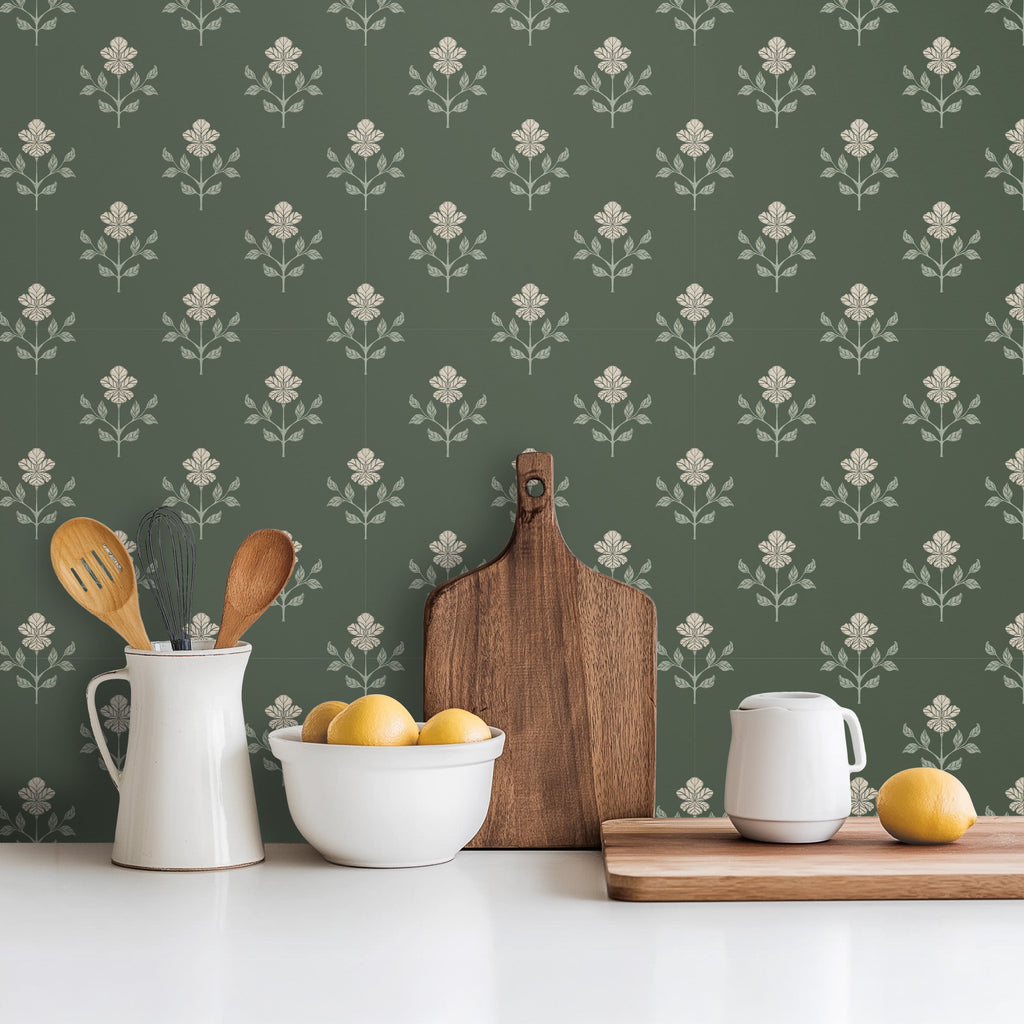 Shiloh Floral Removable Wallpaper in Sage-Green and Dusty-Rose