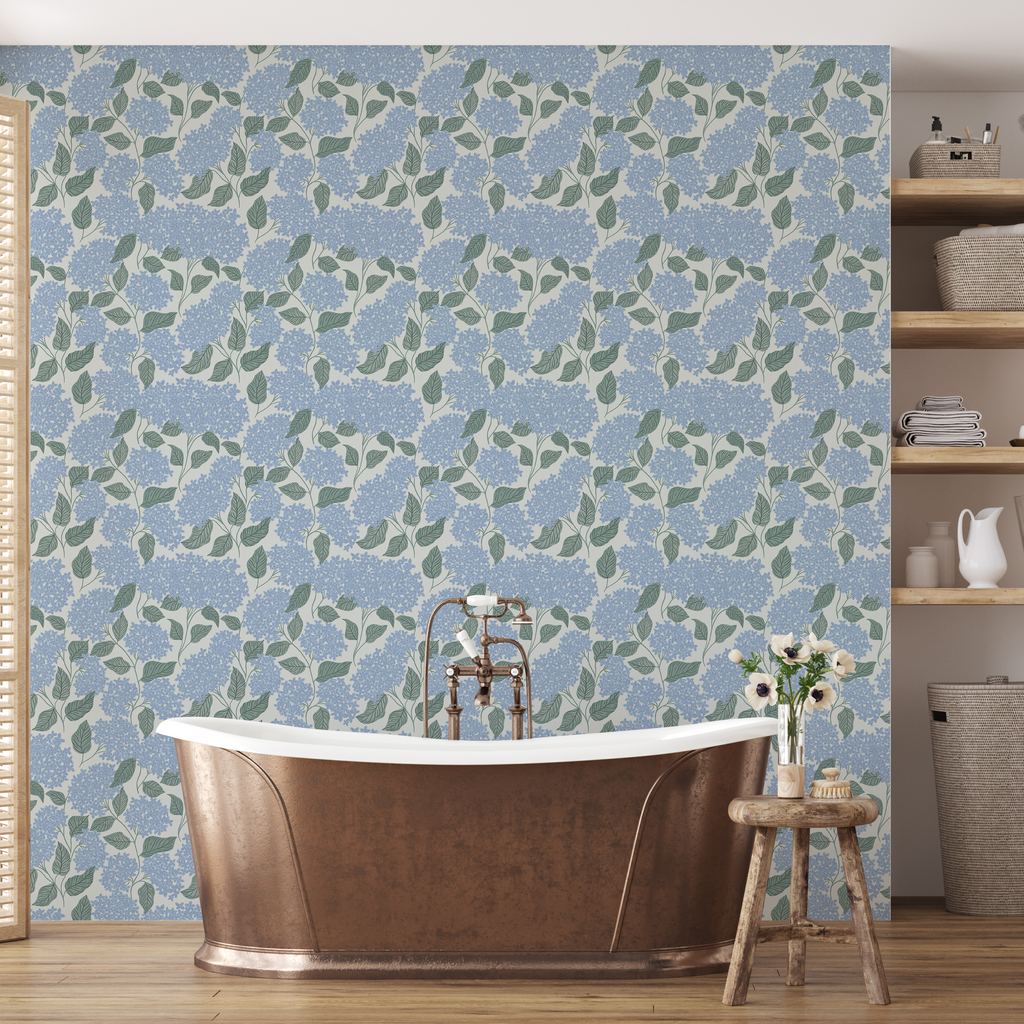 Lisette Floral Wallpaper in Blue, Green, and Off-White