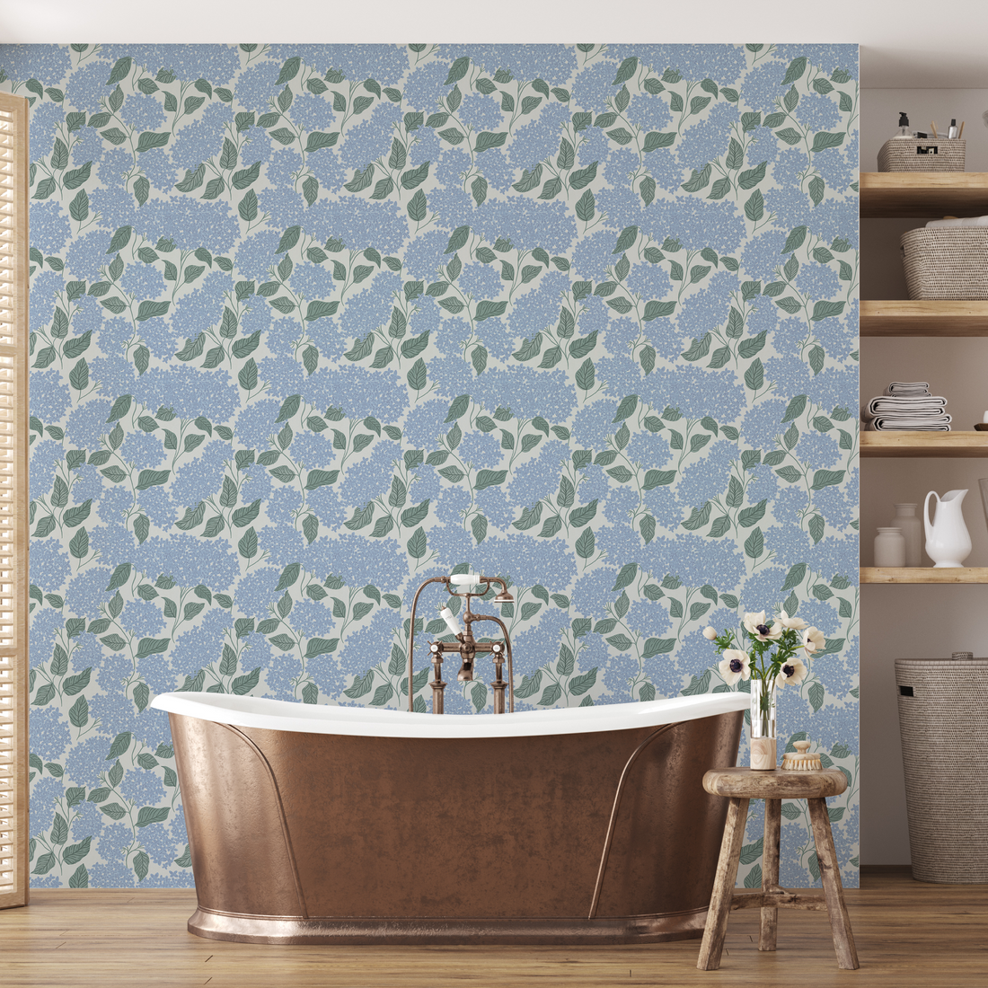 Lisette Floral Wallpaper in Blue, Green, and Off-White