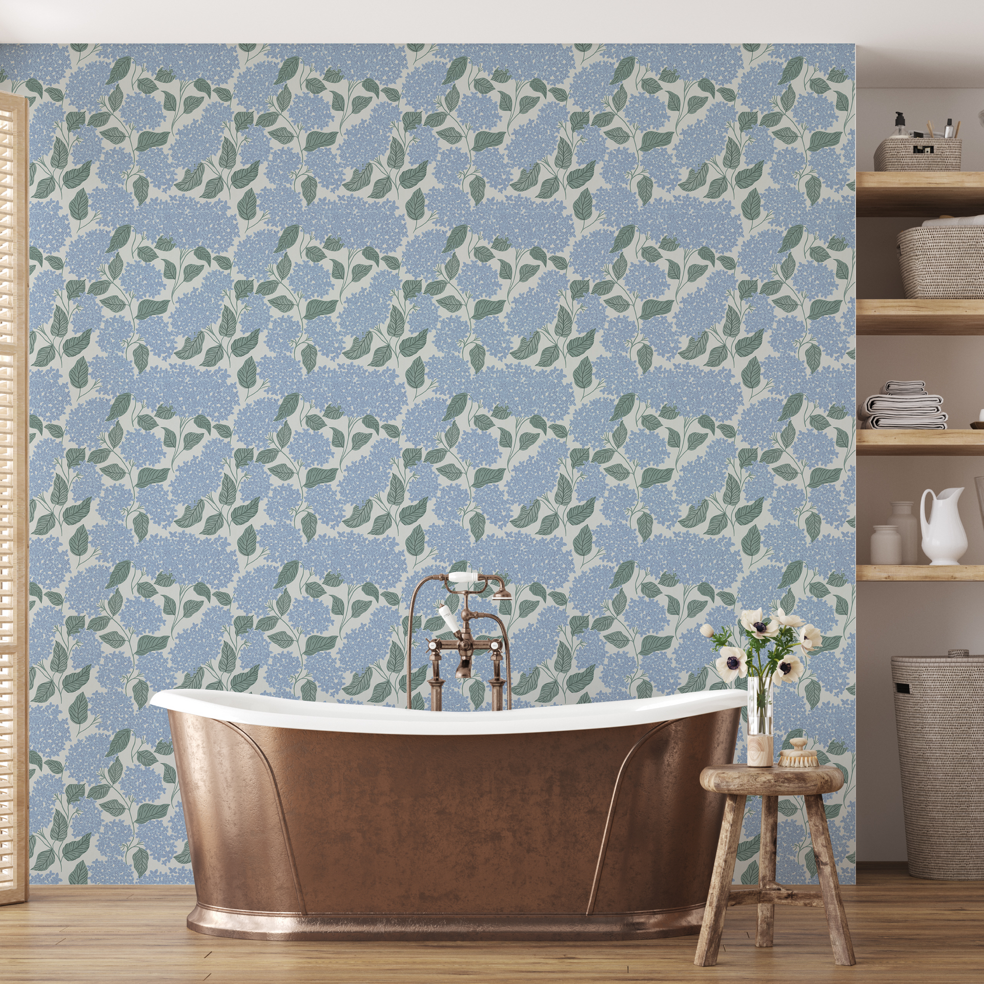 Lisette Floral Wallpaper in Blue, Green, and Off-White