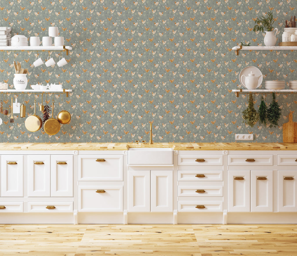 Henrietta Removable Wallpaper in White, Blue-Grey, Orange and Green