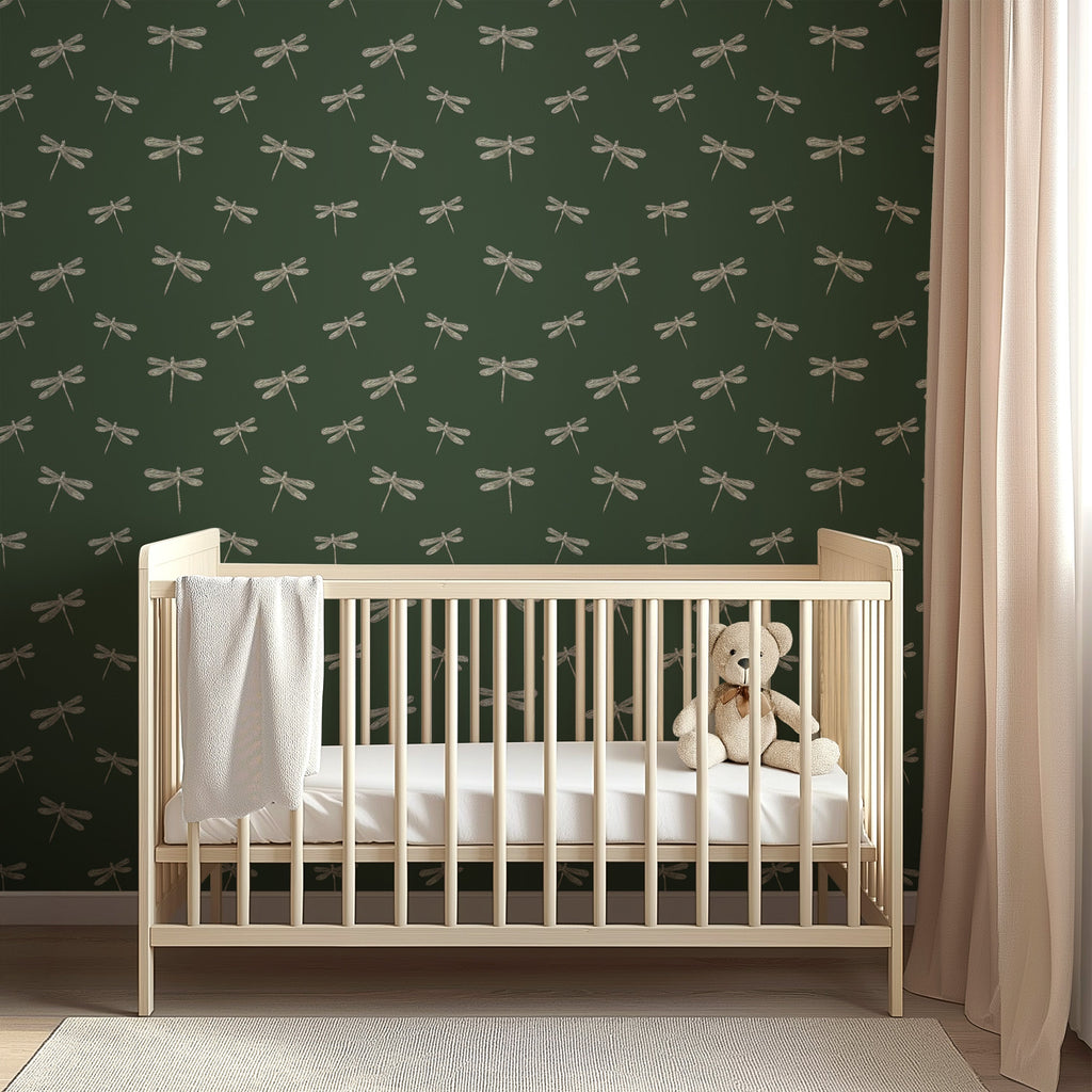 Bohemian style Harlan wallpaper in sage, green, and beige tones