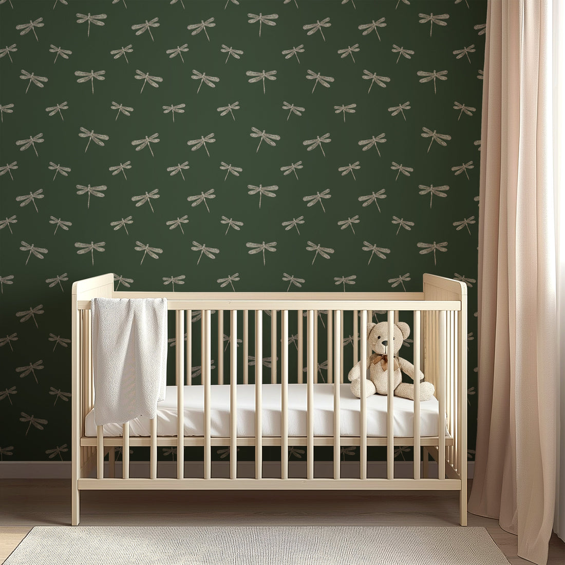 Bohemian style Harlan wallpaper in sage, green, and beige tones