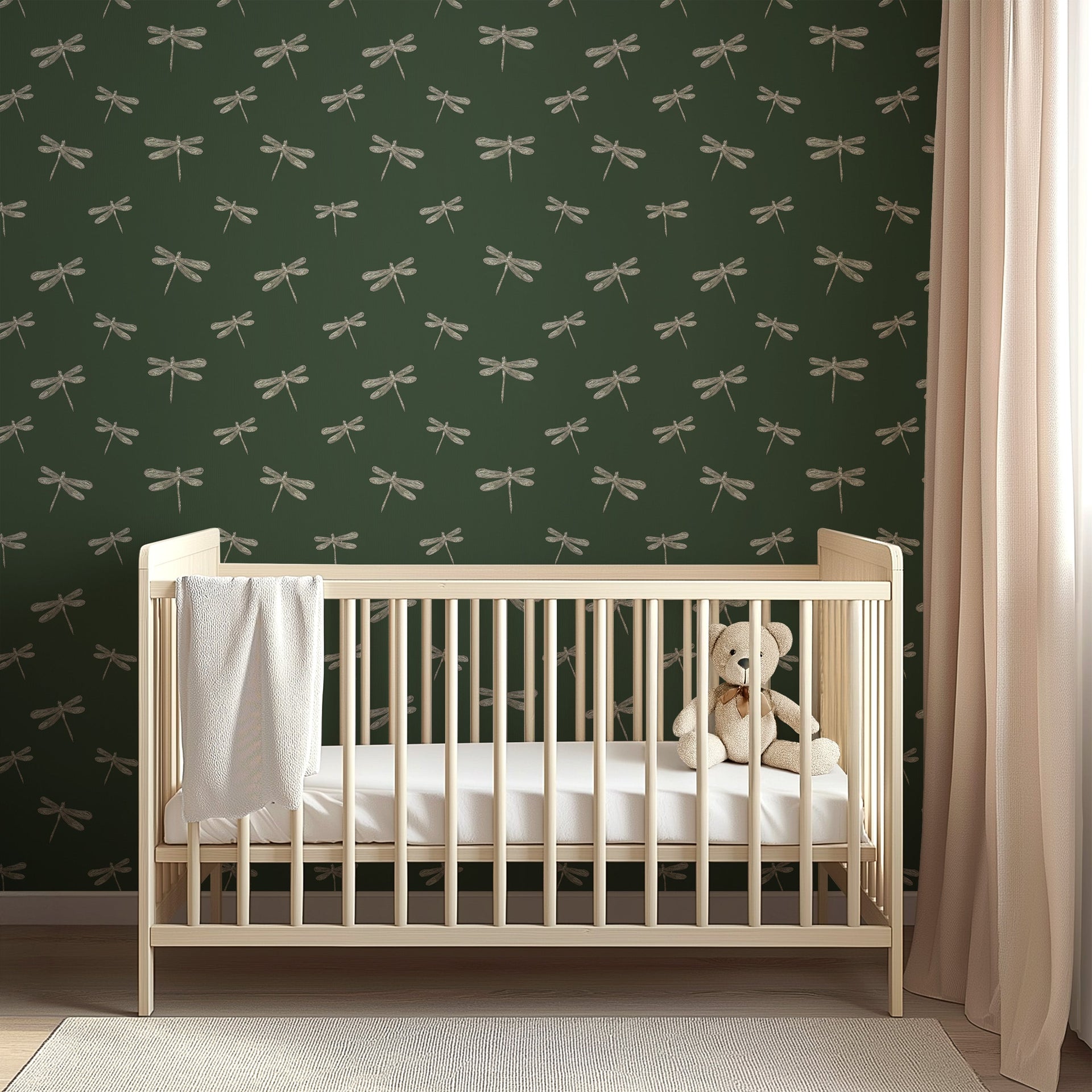 Bohemian style Harlan wallpaper in sage, green, and beige tones