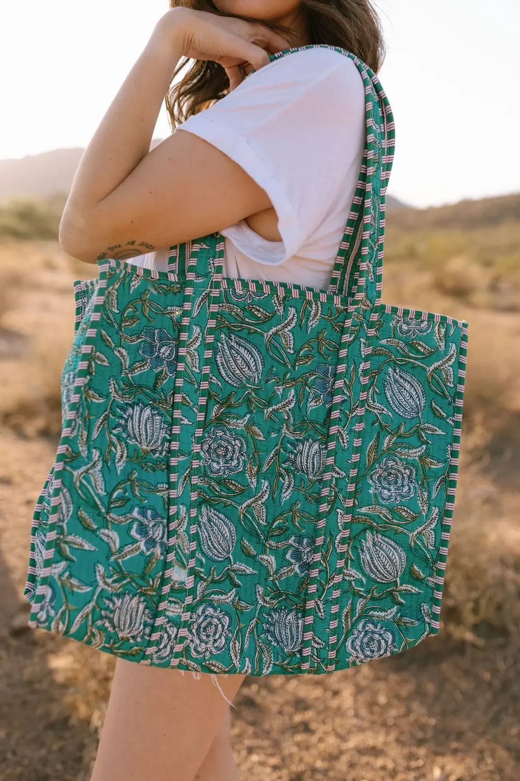 Cotton Quilted Floral Block Tote