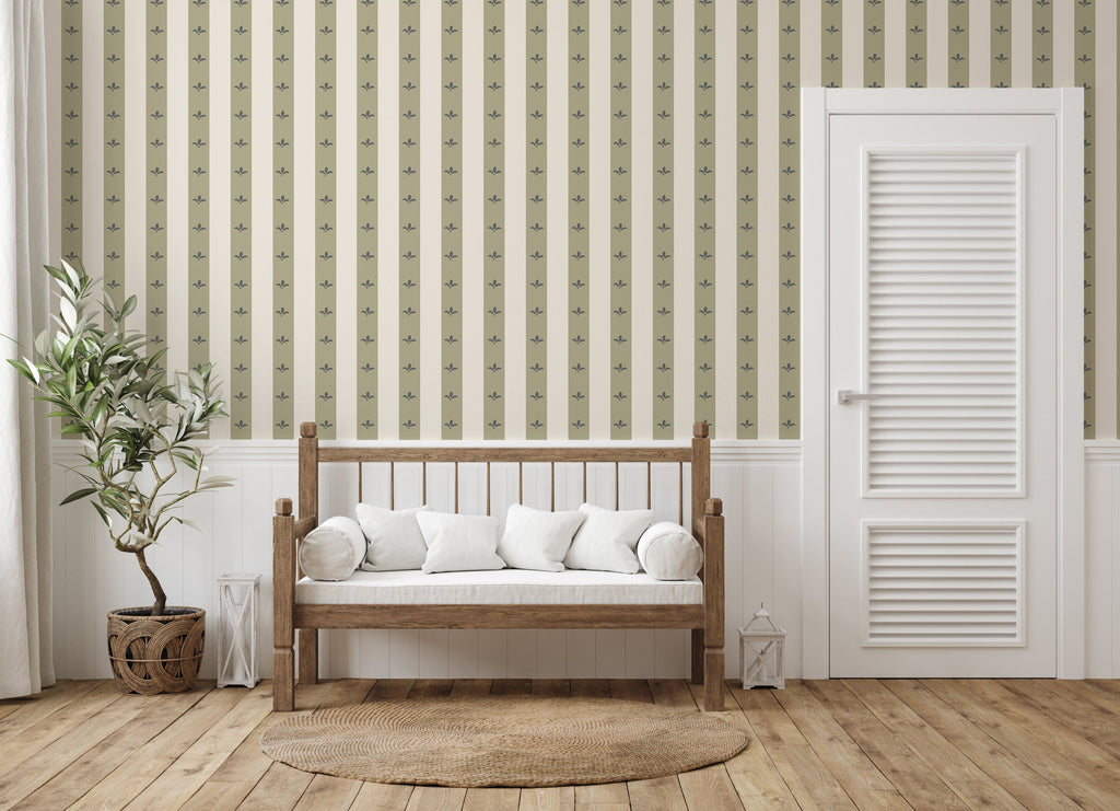 Boden Striped Wallpaper in Beige, Gold, Blue and White