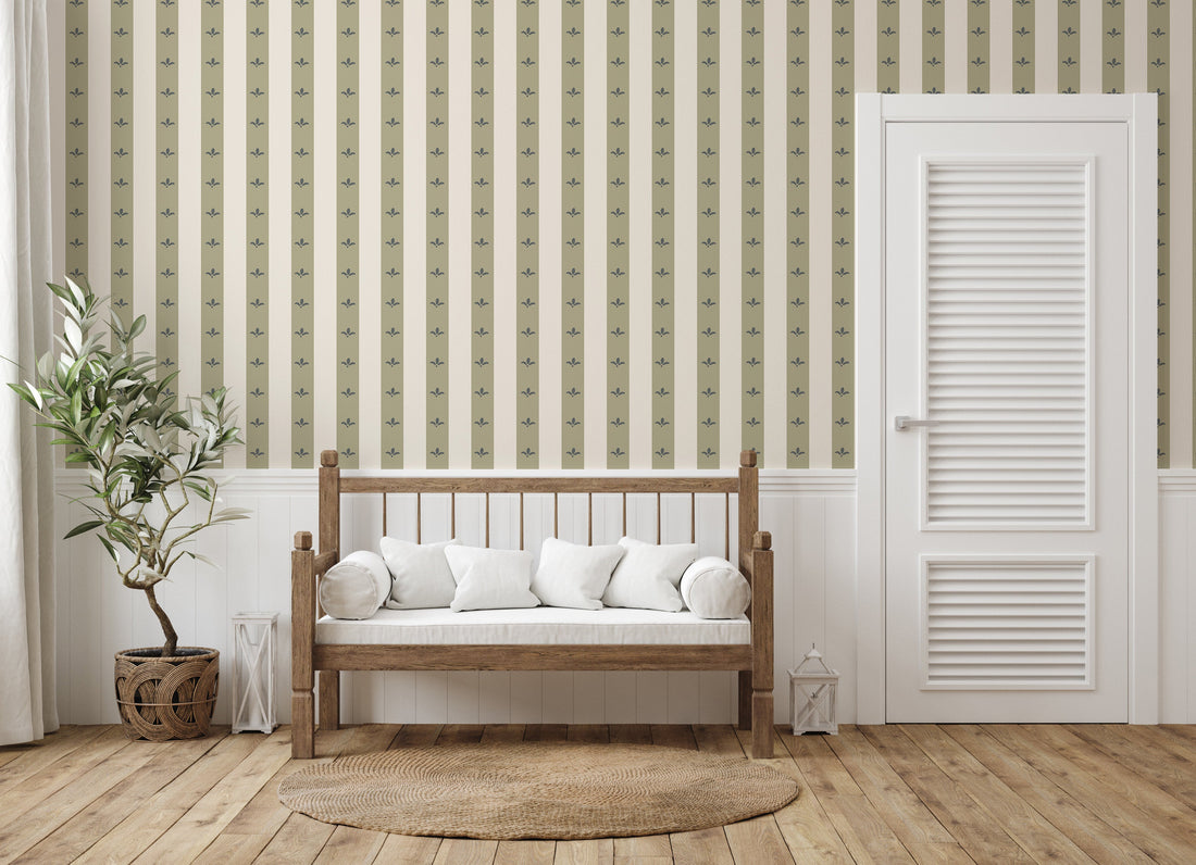 Boden Striped Wallpaper in Beige, Gold, Blue and White