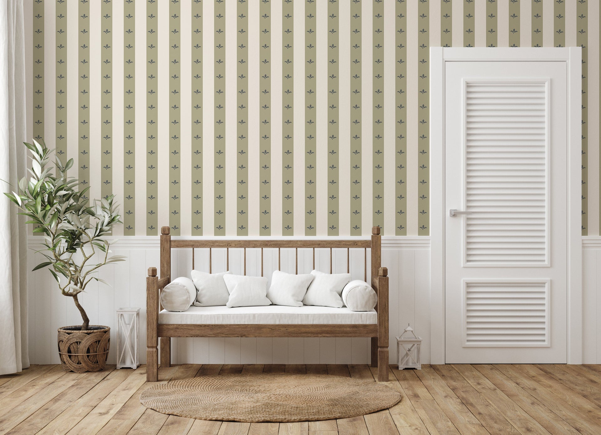 Boden Striped Wallpaper in Beige, Gold, Blue and White