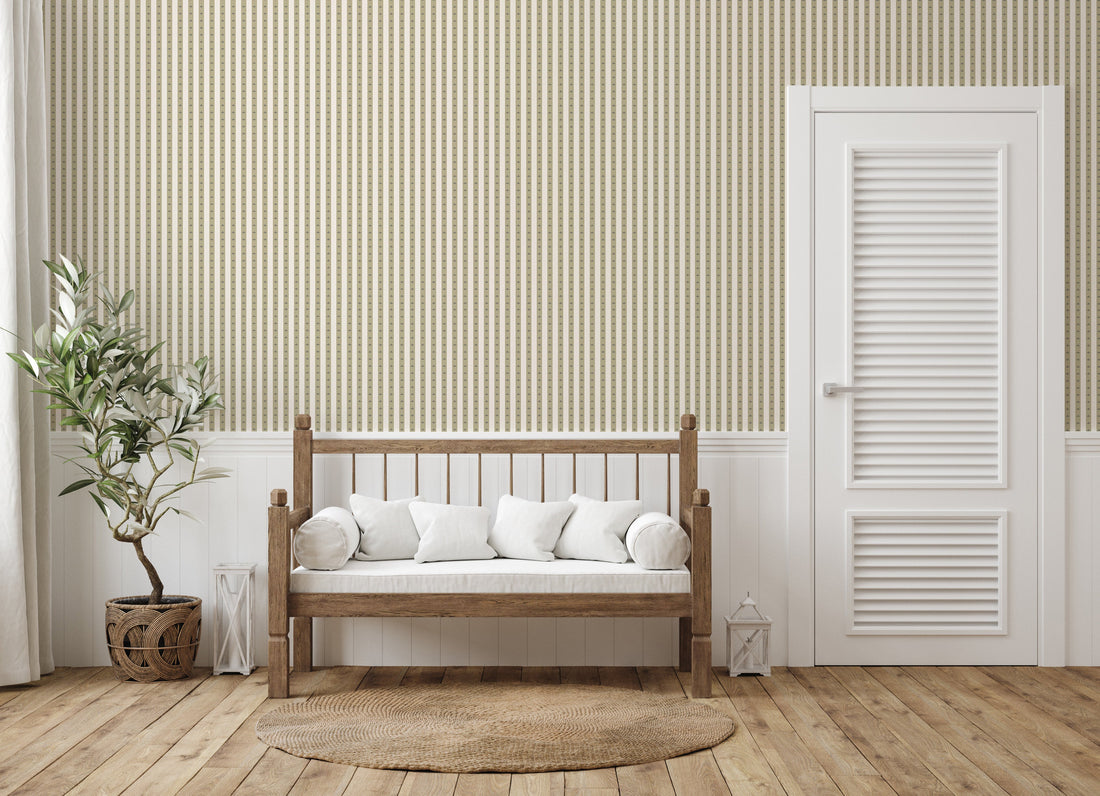 Boden Striped Wallpaper in Beige, Gold, Blue and White