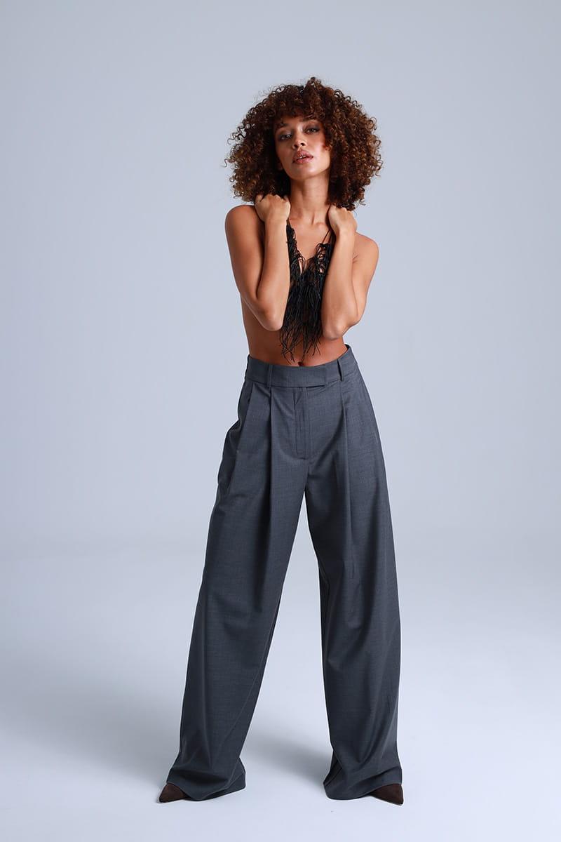 Grey Wide-Leg Virgin Wool Pants Sophia