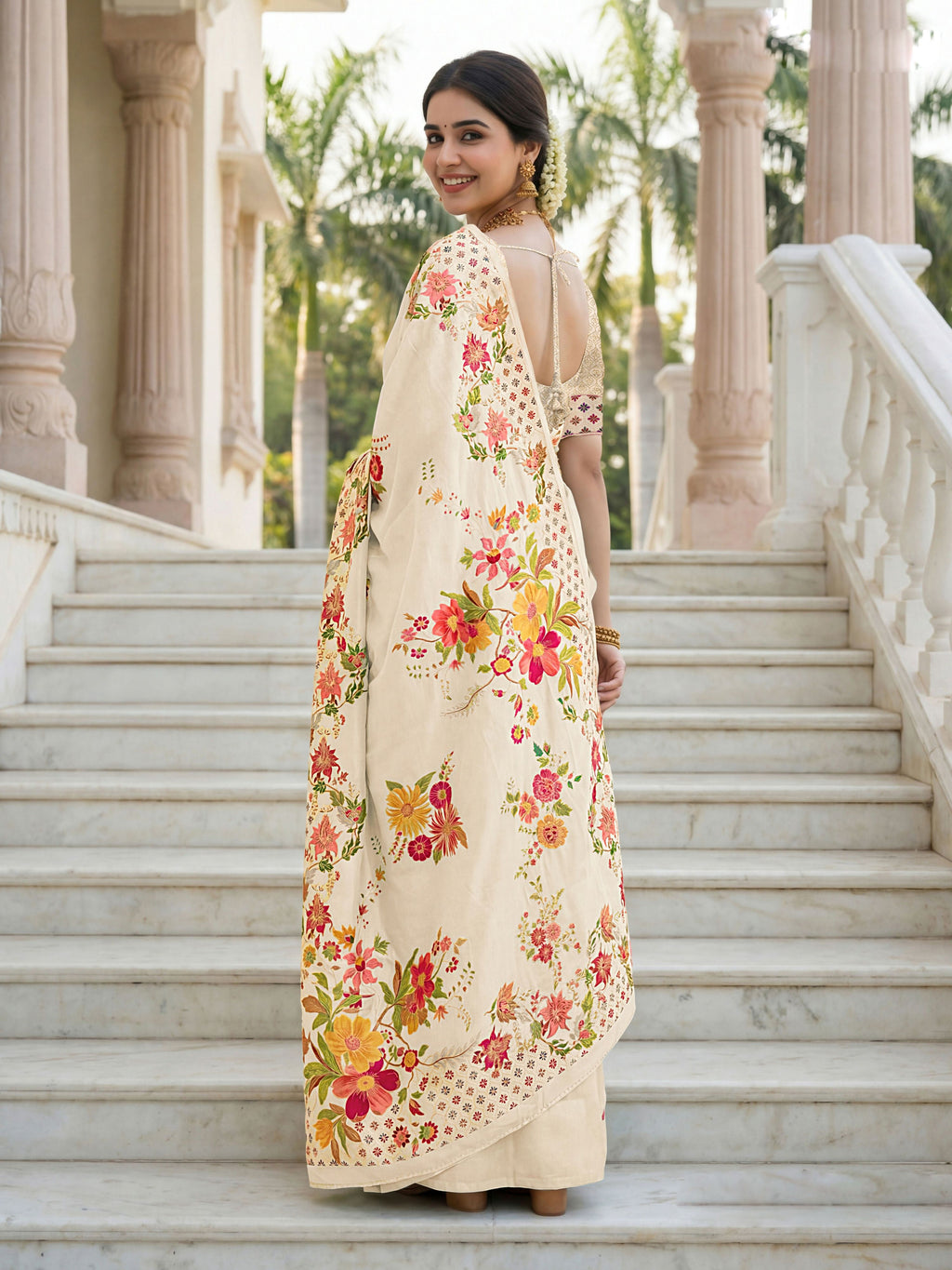 Cream Premium Russian Silk Designer Floral Saree