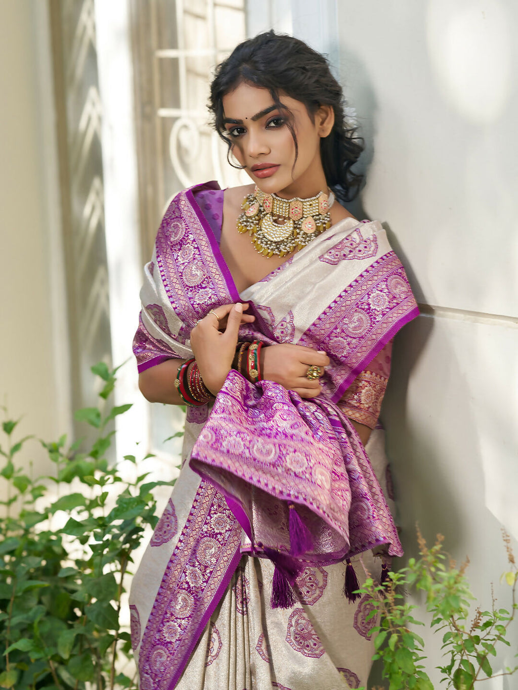 Cream and Purple Silk Blend Saree Elegant Traditional Style