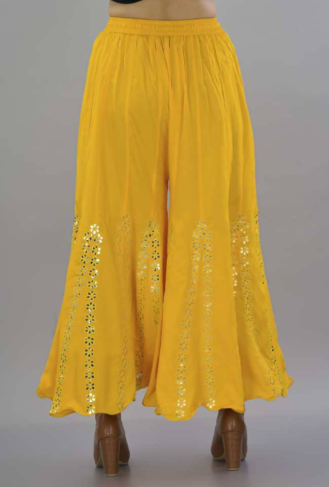Women's Yellow Mirror Work Palazzo Pants - Bohemian Wide Leg