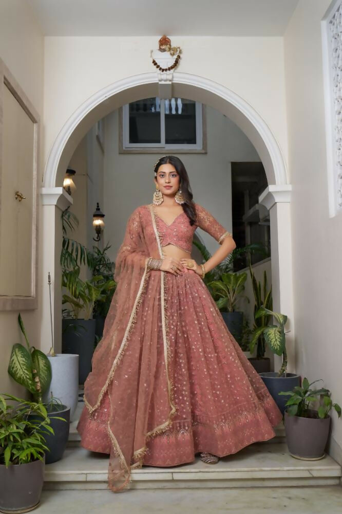 Rust Butterfly Net Lehenga Choli With Cotton Thread & Sequence Work