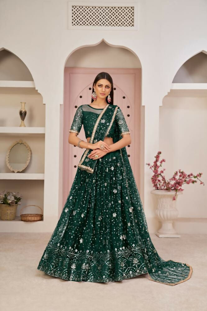 Parrot Green Butterfly Net lehenga with heavy Zari and sequence embroidery
