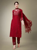Maroon cotton blend straight kurta featuring embroidery and lace work with trousers and dupatta.