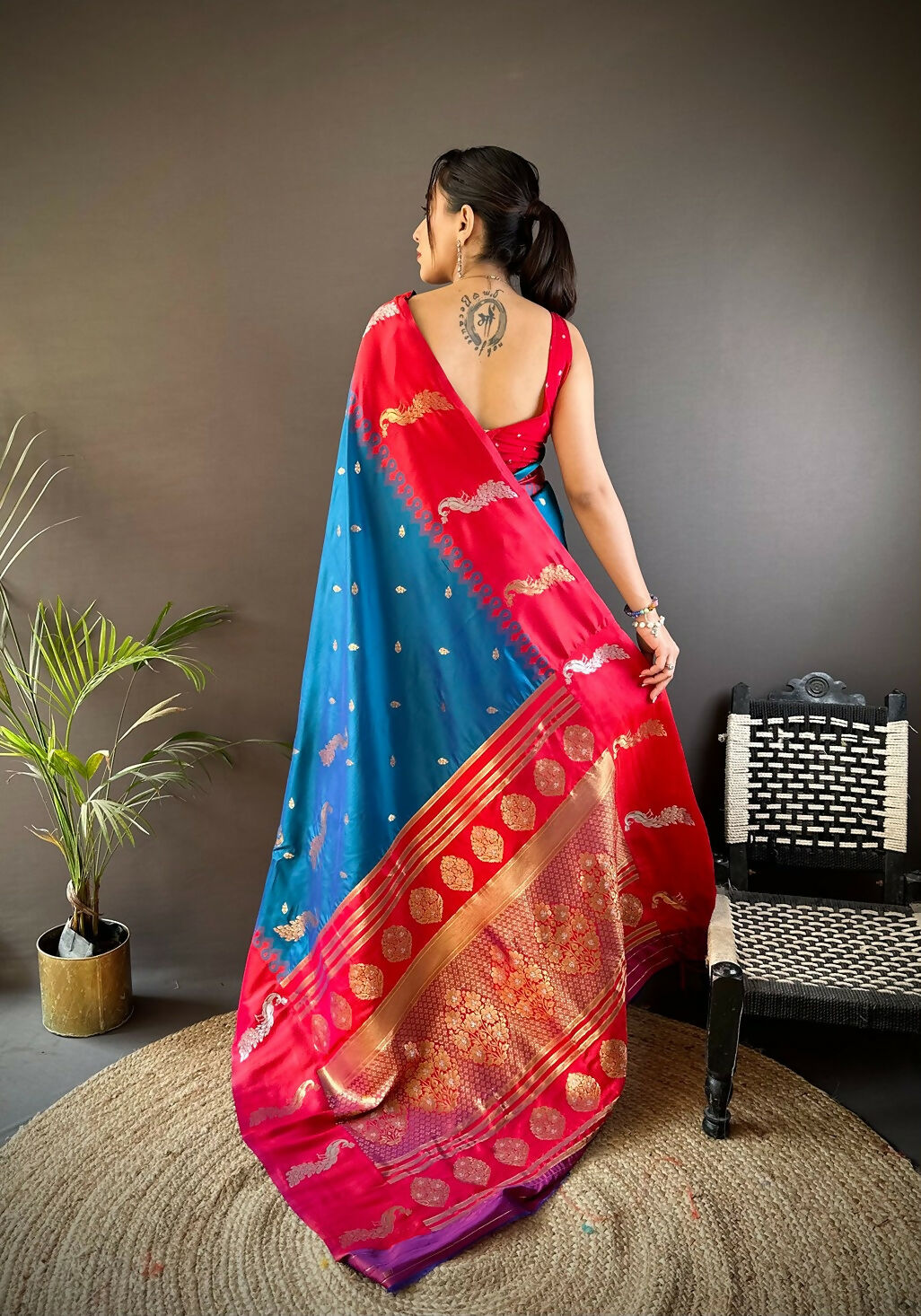 Red Peacock Butti Banarasi Silk Saree with Unstitched Blouse