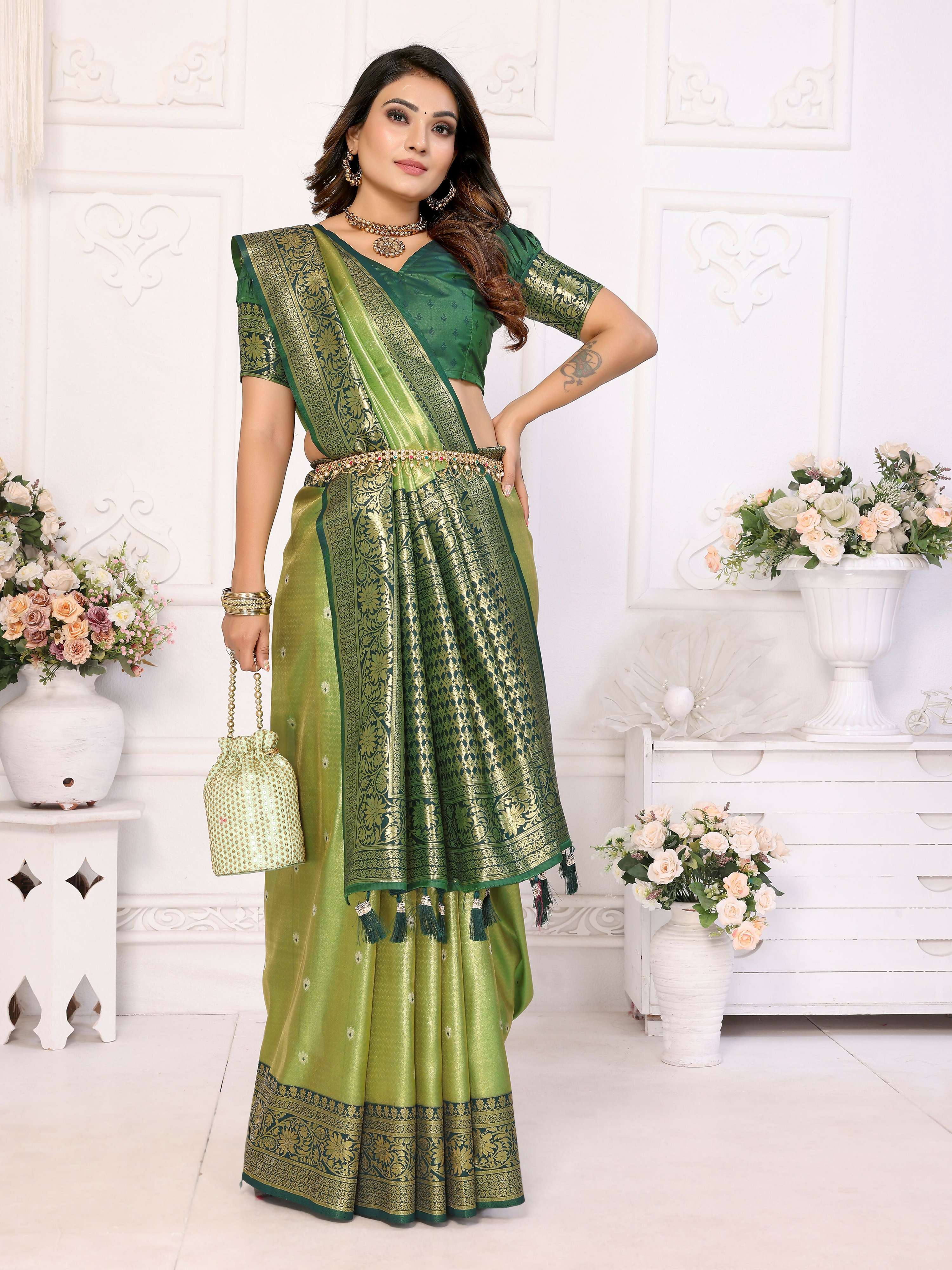 Pista Tissue Silk Weaving Saree Elegant Ethnic Drape