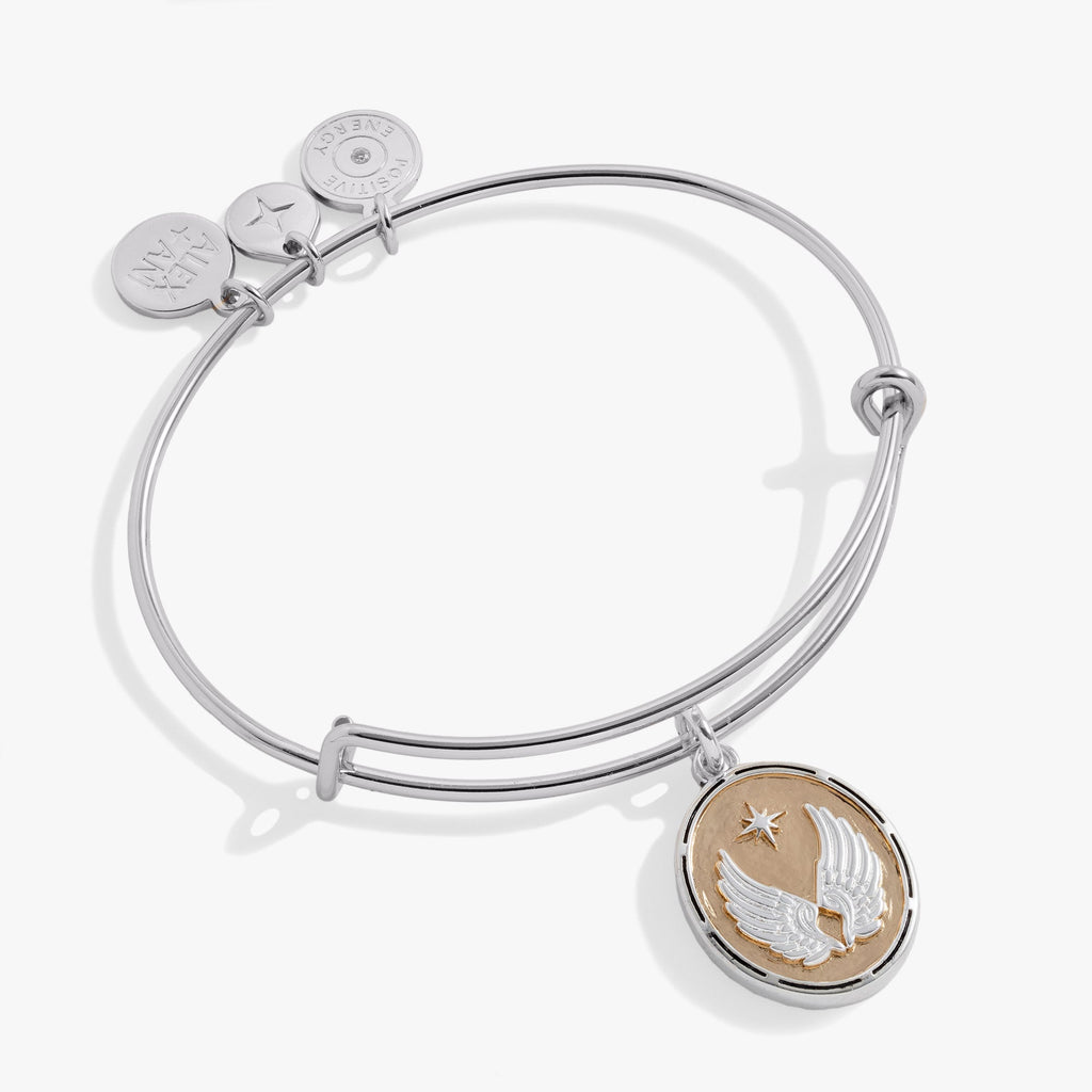 Two-tone gold and silver Guardian Angel wing bangle with crystal accents