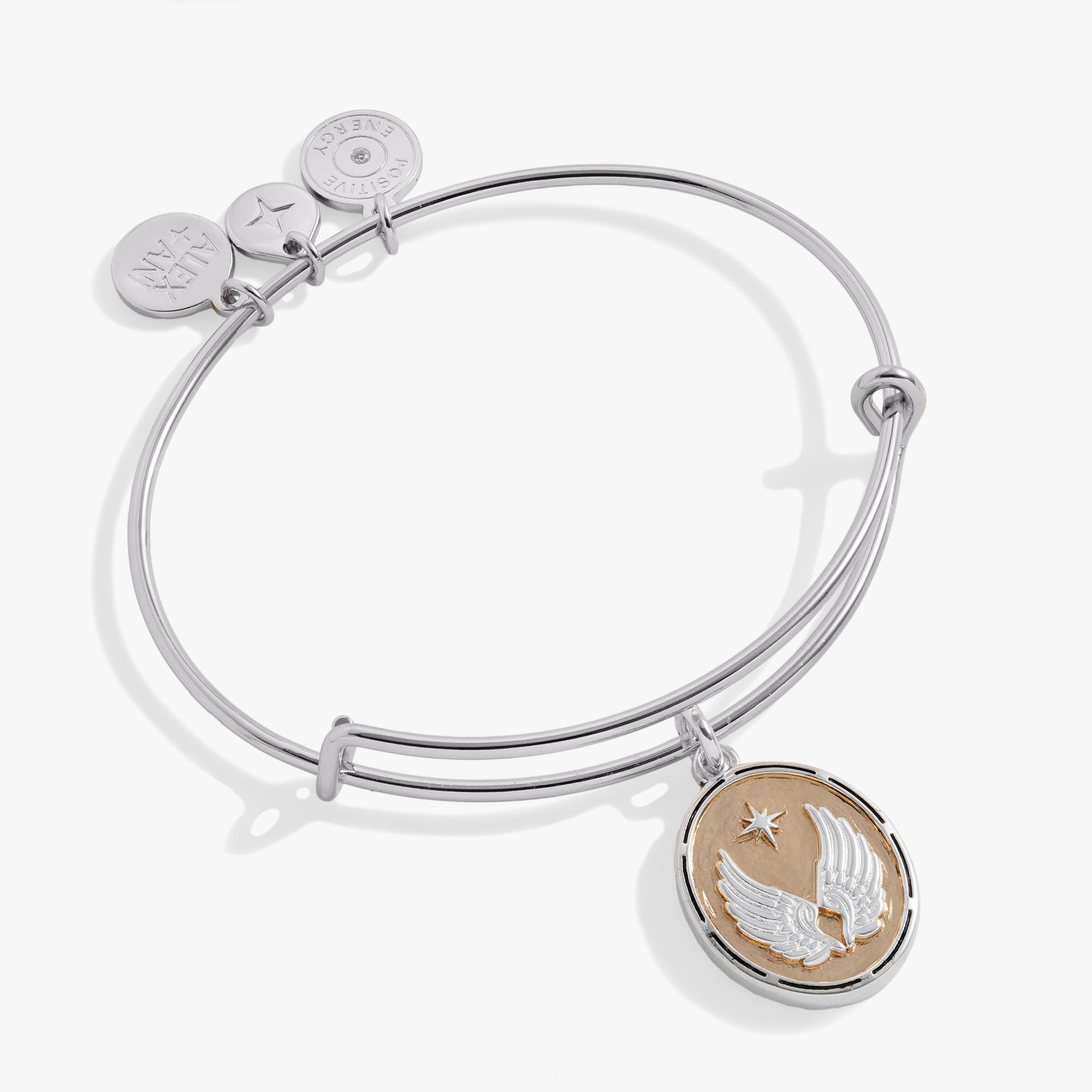 Two-tone gold and silver Guardian Angel wing bangle with crystal accents