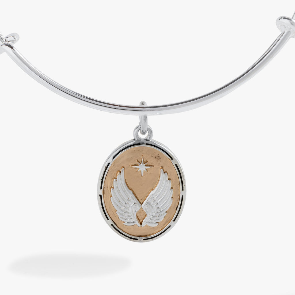 Two-Tone Guardian Angel Wing Bangle Bracelet with Crystal Detail