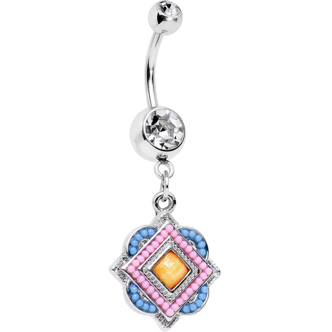 Yellow Gem Pink and Baby Blue Orb Dangle Navel Ring on surgical steel barbell