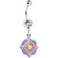 Yellow Gem Pink and Baby Blue Orb Dangle Navel Ring on surgical steel barbell