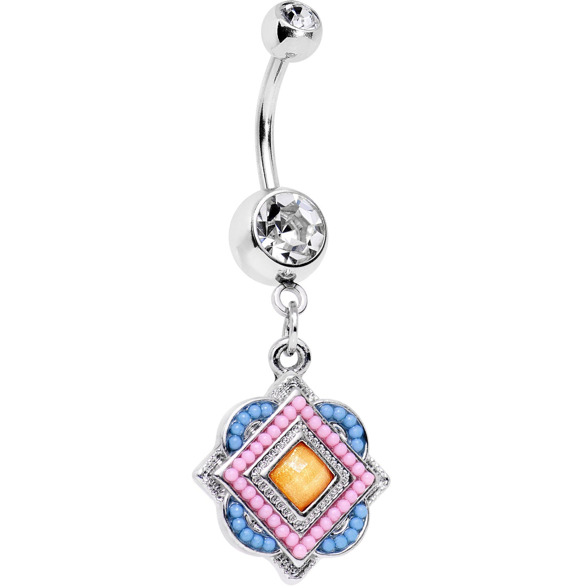 Yellow Gem Pink and Baby Blue Orb Dangle Navel Ring on surgical steel barbell