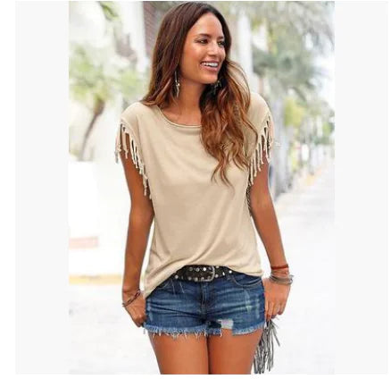 Women's Fringe Sleeve Casual T-Shirt Top - Image 24