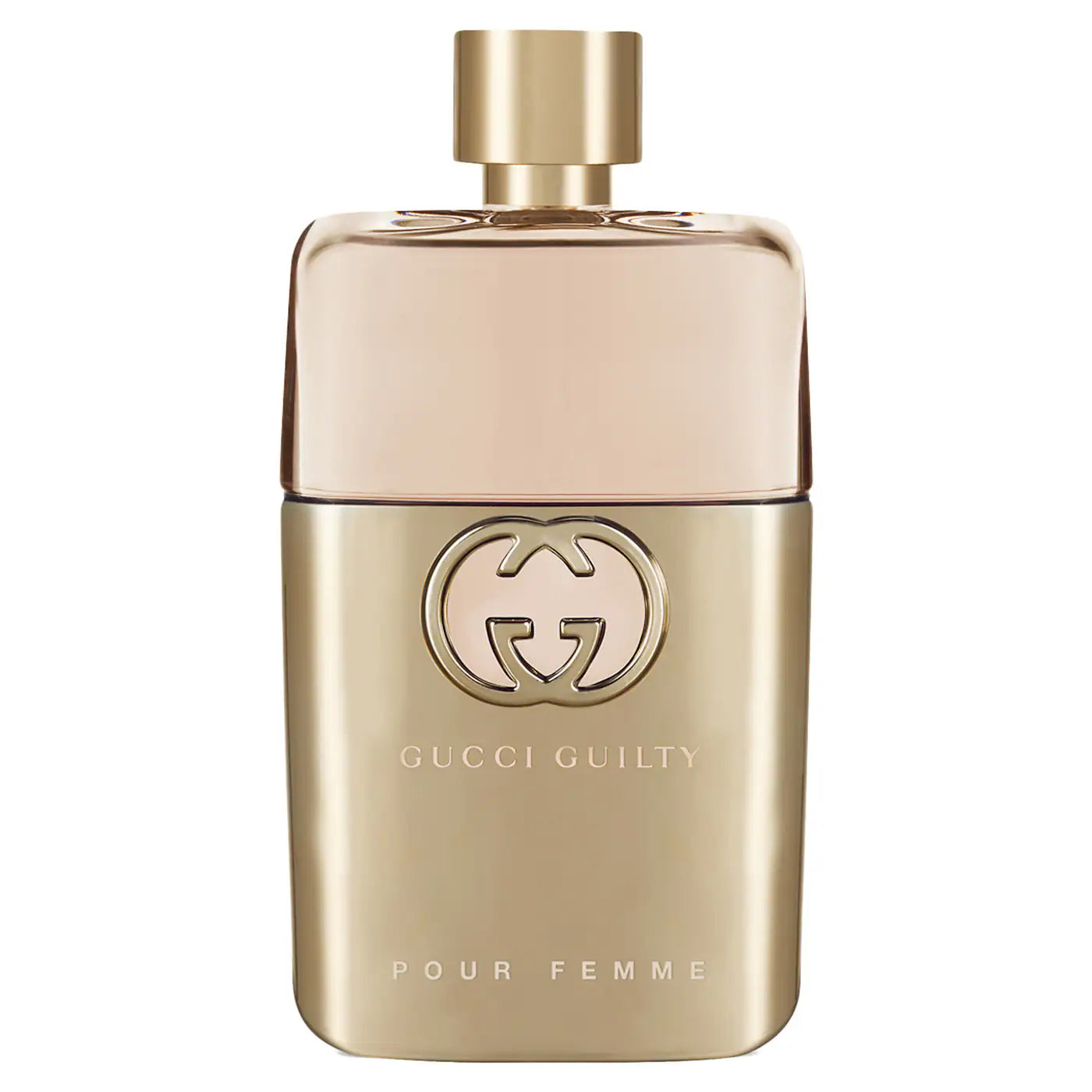 A luxurious gold and pale-pink bottle of Guilty Pour Femme Eau de Parfum standing on a clean surface.