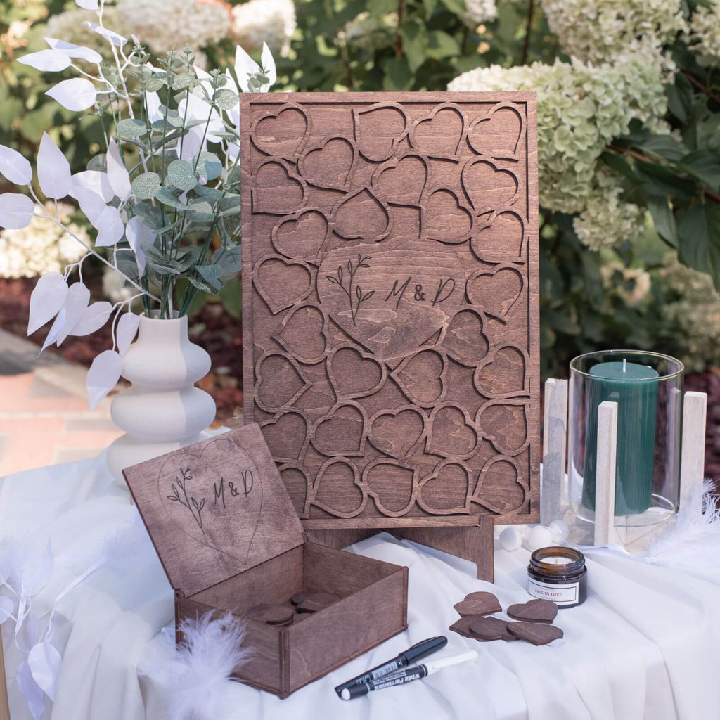 Rectangular wooden wedding guest book in a rustic minimalist living room setting