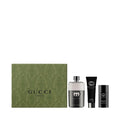 Gucci Guilty Pour Homme fragrance gift set in olive green packaging with metallic silver accents.