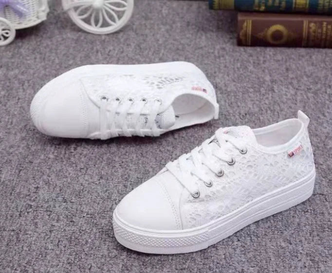 Women's White Lace Platform Sneakers Breathable Casual Shoes - Image 2