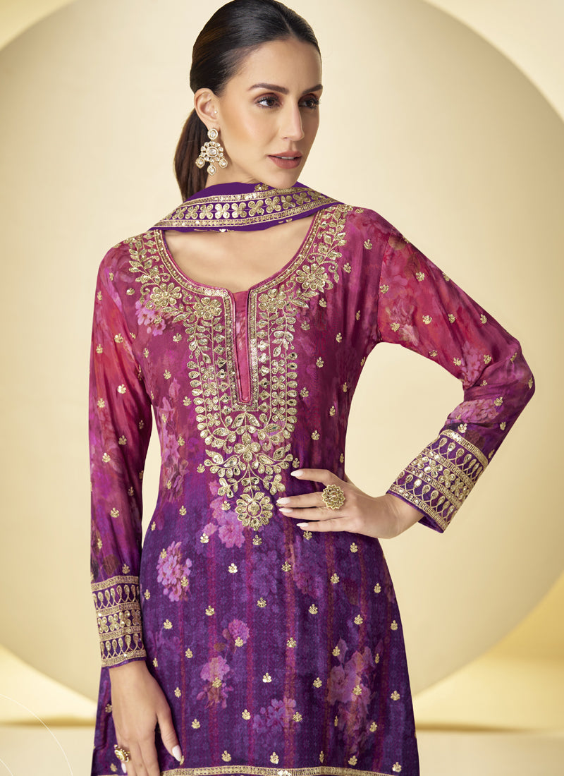Purple Chinon Digital Print Designer Palazzo Suit for Events