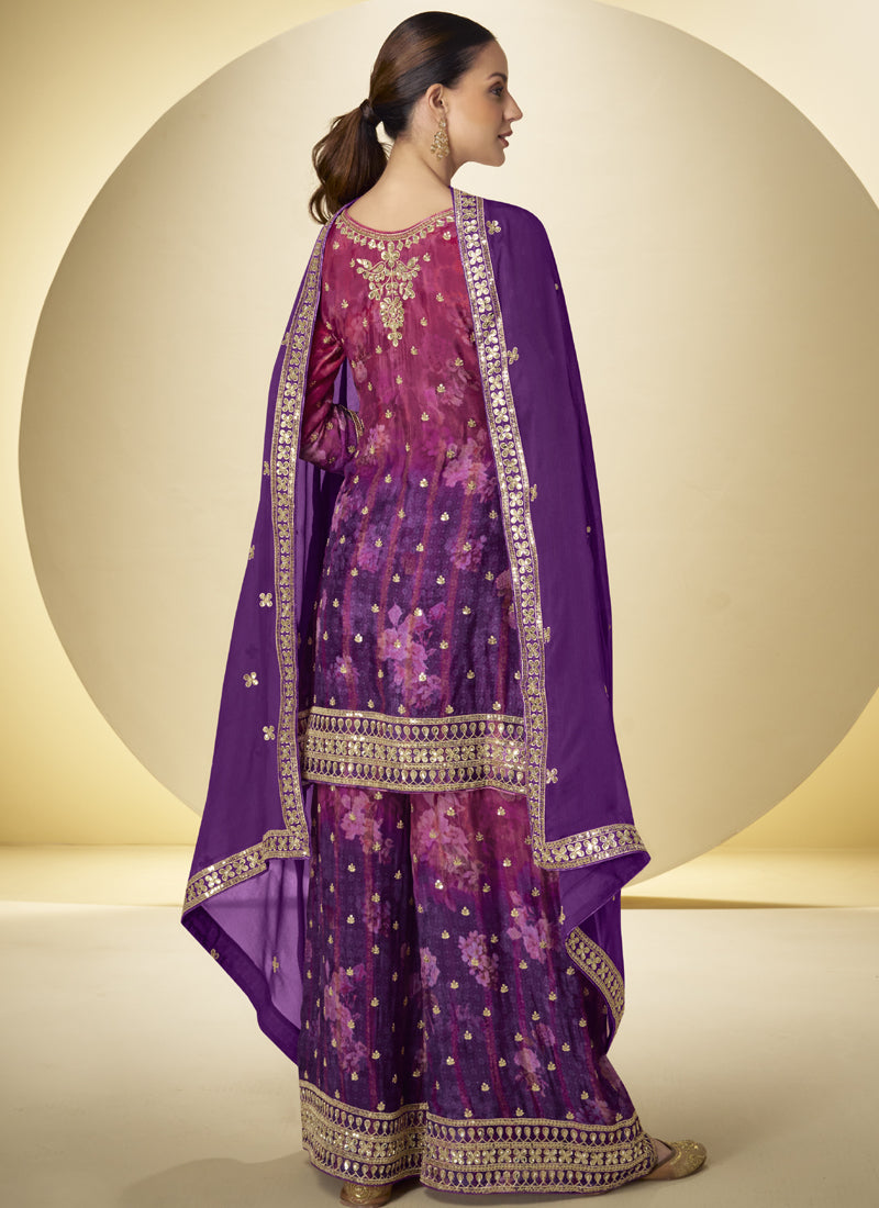 Purple Chinon Digital Print Designer Palazzo Suit for Events