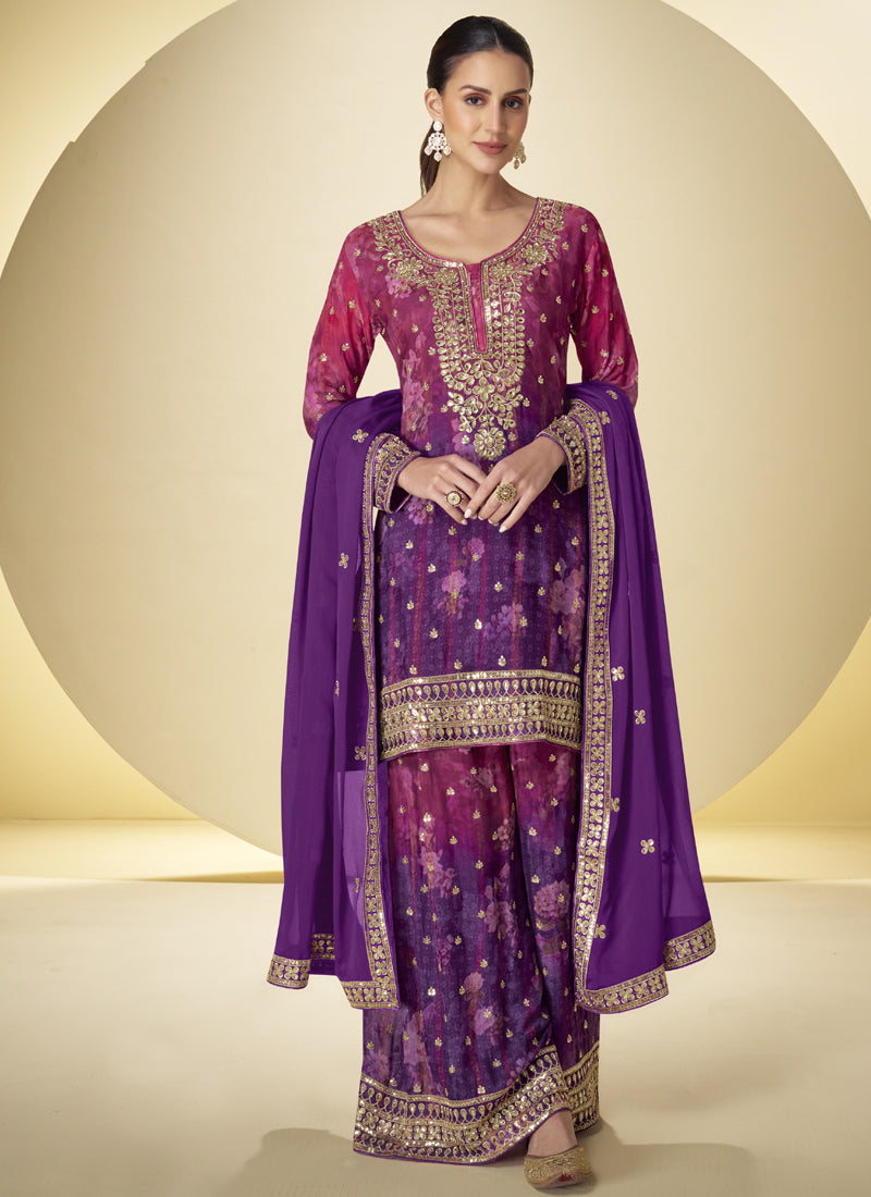 Purple Chinon palazzo suit with digital print and designer embroidery details