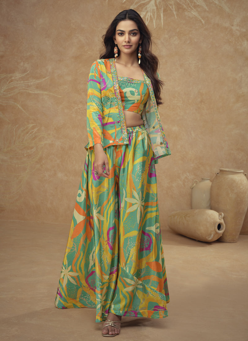 Lime Green Chinon Silk Digital Print Western Suit for Weddings